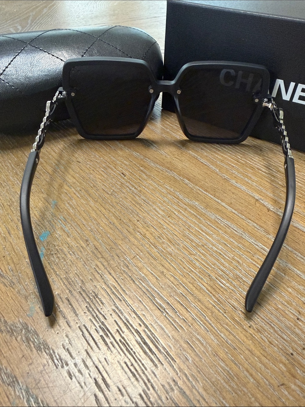 CHANEL Black & Silver Oversized Square Chain-Accent Sunglasses - Picture 9 of 9